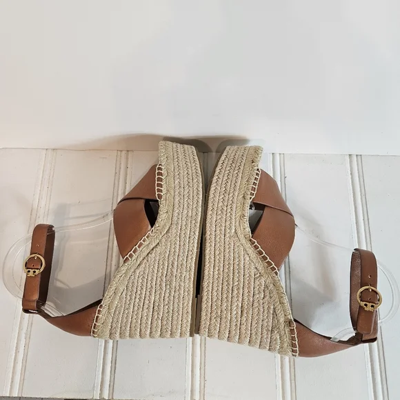 Tory Burch Selby 105 Wedge Espadrille Sandals 6.5 Leather Platform Logo Buckle - Picture 7 of 14